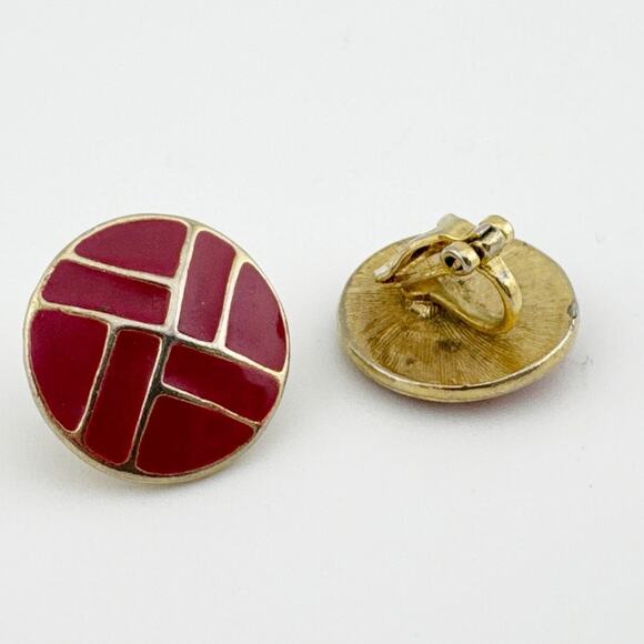 Vintage Red‎ & Gold Geometric Enamel Clip-On Earrings - Picture 1 of 6
